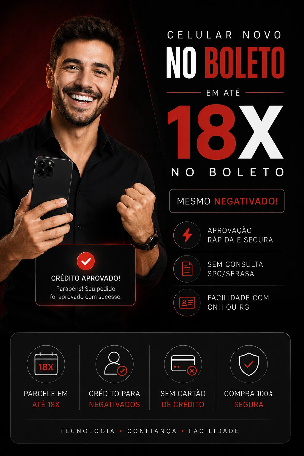 Banner princial da xpacecell contendo as informações: parcelamos o seu celular novo no boleto em até 18 vezes sem consulta ao SPC. Você pode comprar o seu celular no boleto mesmo negativo ou sem cartão de crédito