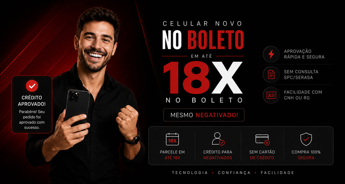 Banner princial da xpacecell contendo as informações: parcelamos o seu celular novo no boleto em até 18 vezes sem consulta ao SPC. Você pode comprar o seu celular no boleto mesmo negativo ou sem cartão de crédito