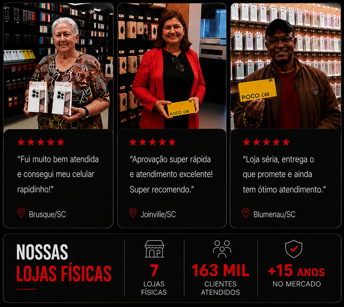 Clientes que compraram celular no boleto parcelado mostrando os seus novos smartphones